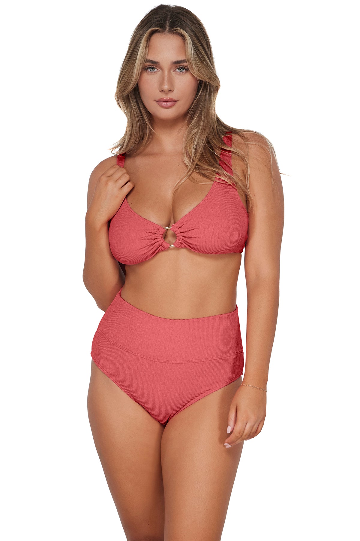 Front pose #1 of Taylor wearing Pacifica Hibiscus Tea Hannah High Waist Bottom paired with matching Oceana Bikini Top