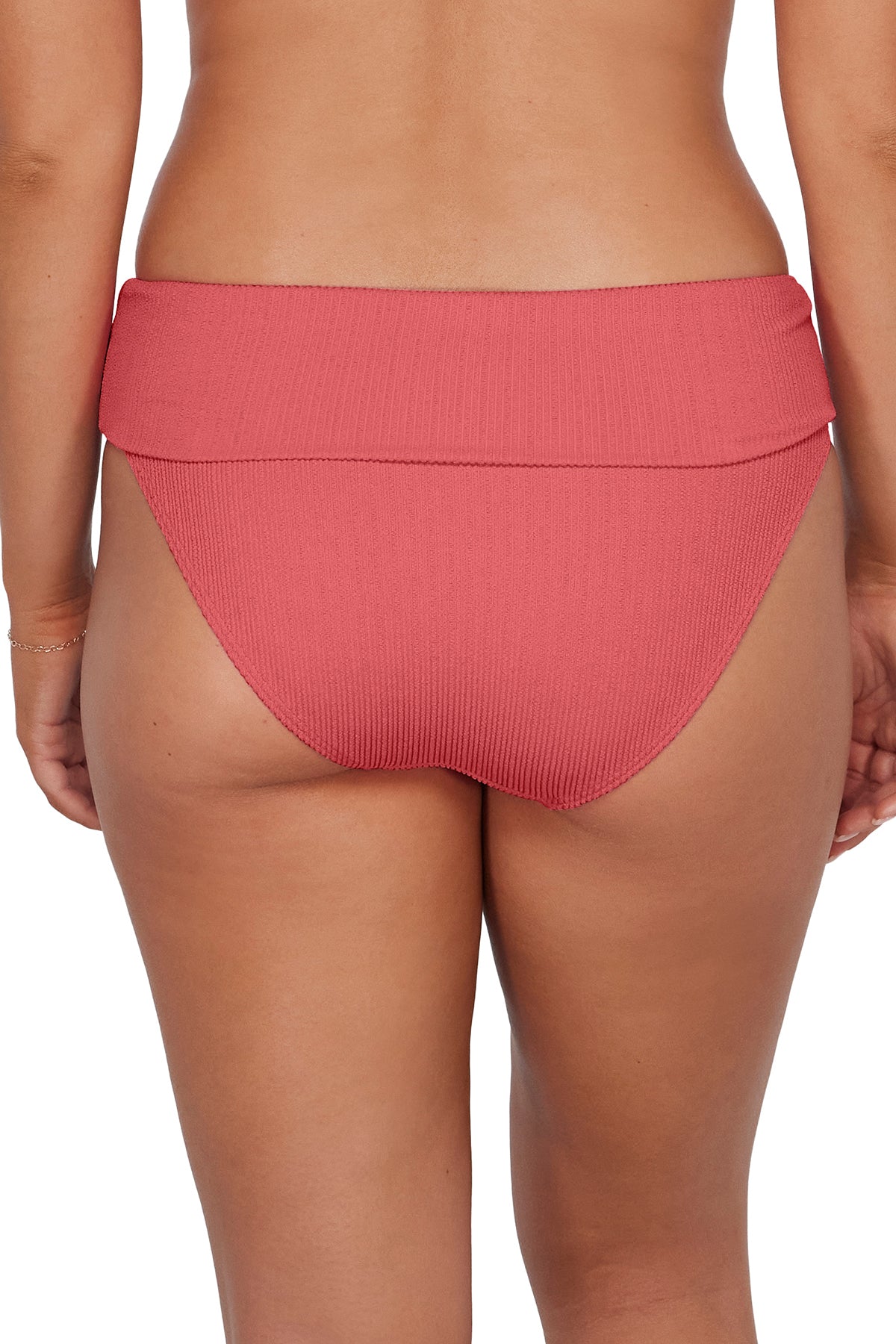 Back pose #2 of Taylor wearing Pacifica Hibiscus Tea Hannah High Waist Bottom showing folded waist