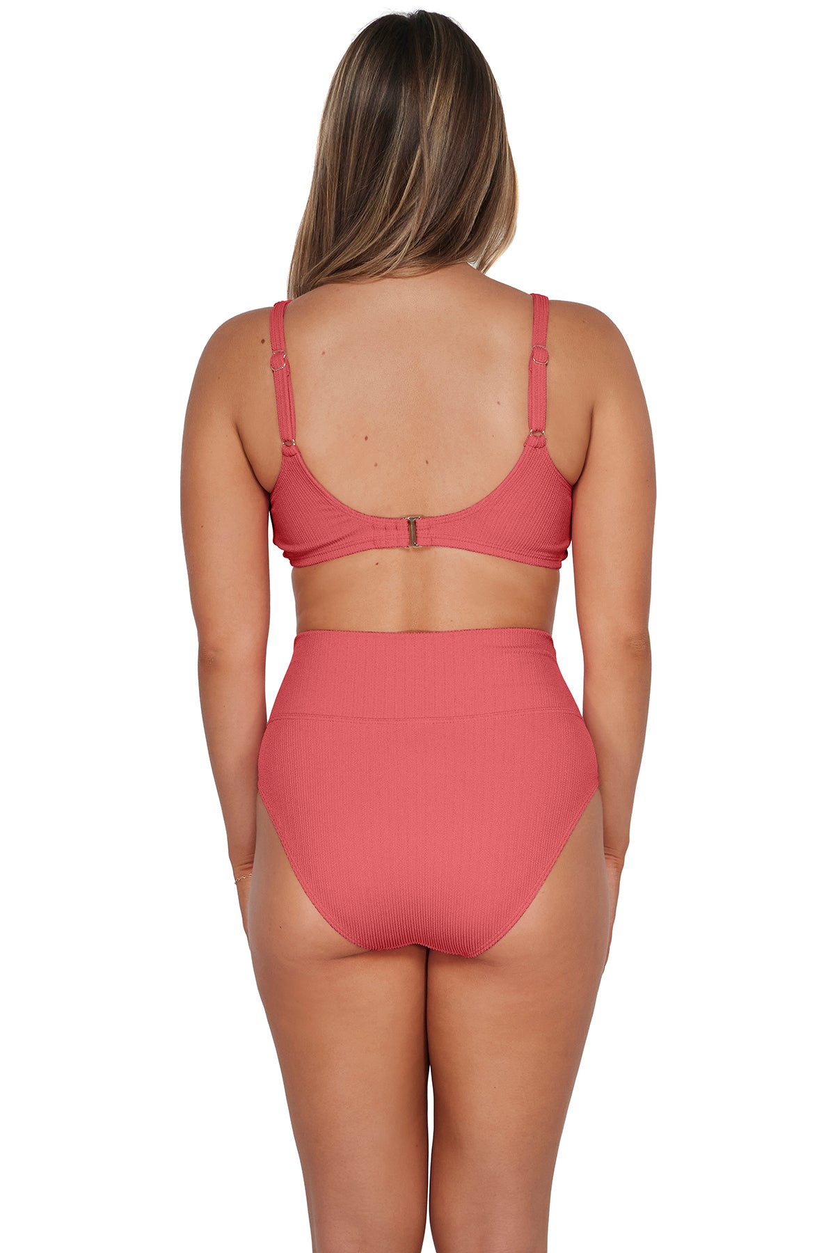 Back pose #1 of Taylor wearing Pacifica Hibiscus Tea Hannah High Waist Bottom paired with matching Oceana Bikini Top