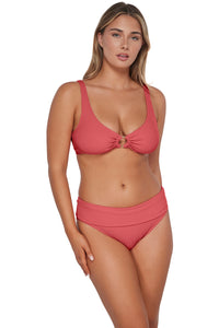 Front pose #1 of Taylor wearing Pacifica Hibiscus Tea Hannah High Waist Bottom showing folded waist paired with matching Oceana Bikini Top