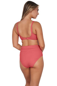 Oblique pose #1 of Taylor wearing Pacifica Hibiscus Tea Hannah High Waist Bottom paired with matching Oceana Bikini Top