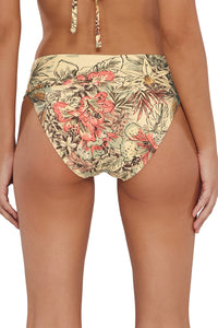 Back pose #1 of Jessica wearing Sunsets Island Spice Hannah High Waist Bottom showing folded waist