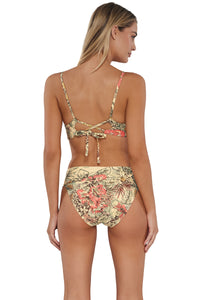 Back pose #1 of Jessica wearing Sunsets Island Spice Hannah High Waist Bottom showing folded waist paired with matching