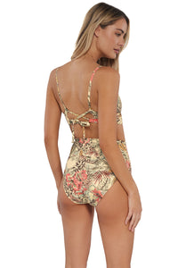 Oblique pose #2 of Jessica wearing Sunsets Island Spice Hannah High Waist Bottom paired with matching