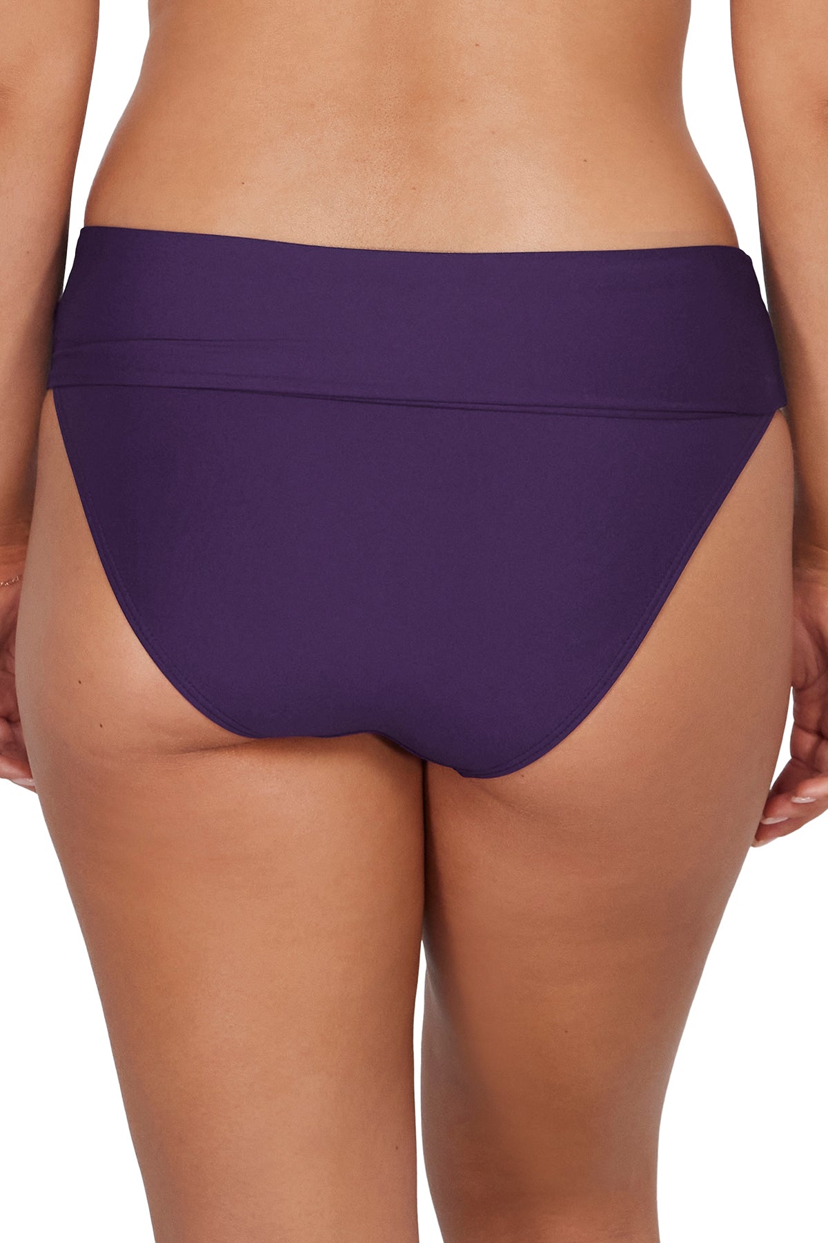 Back pose #1 of Taylor wearing Sunsets Paradise Plum Hannah High Waist Bottom showing folded waist