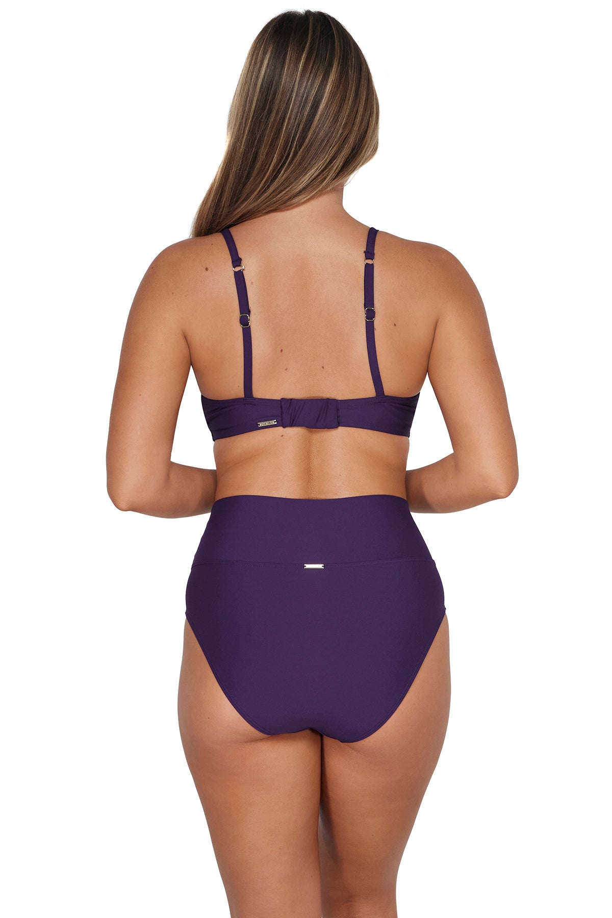 Back pose #1 of Taylor wearing Sunsets Paradise Plum Hannah High Waist Bottom
paired with matching Kauai Keyhole Bikini Top