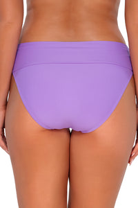 Back pose #1 of Taylor wearing Sunsets Passion Flower Hannah High Waist Bottom showing folded waist