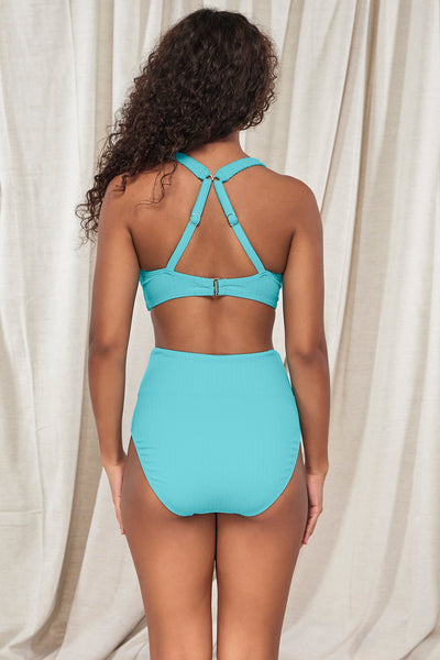 Back pose #1 of Jasmine wearing Pacifica Pool Party Hannah High Waist Bottom  paired with matching Bikini Top