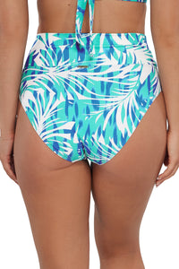 Back pose #1 of Taylor wearing Sunsets Sea Breeze Sandbar Rib Hannah High Waist Bottom