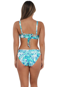 Back pose #1 of Taylor wearing Sunsets Sea Breeze Sandbar Rib Hannah High Waist Bottom showing folded waist paired with matching