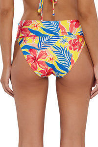 Back pose #1 of Jessica wearing Sunsets Suncatcher Hannah High Waist Bottom showing folded waist