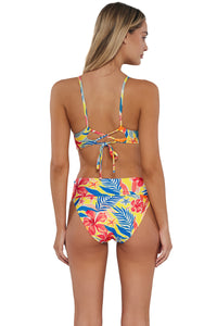 Back pose #1 of Jessica wearing Sunsets Suncatcher Hannah High Waist Bottom showing folded waist paired with matching