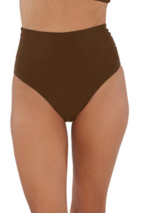 Active pose #2 of Jessica wearing Sunsets Tiki Brown Hannah High Waist Bottom