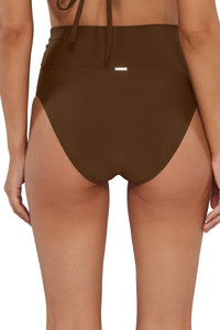 pose #1 of Jessica wearing Sunsets Tiki Brown Hannah High Waist Bottom