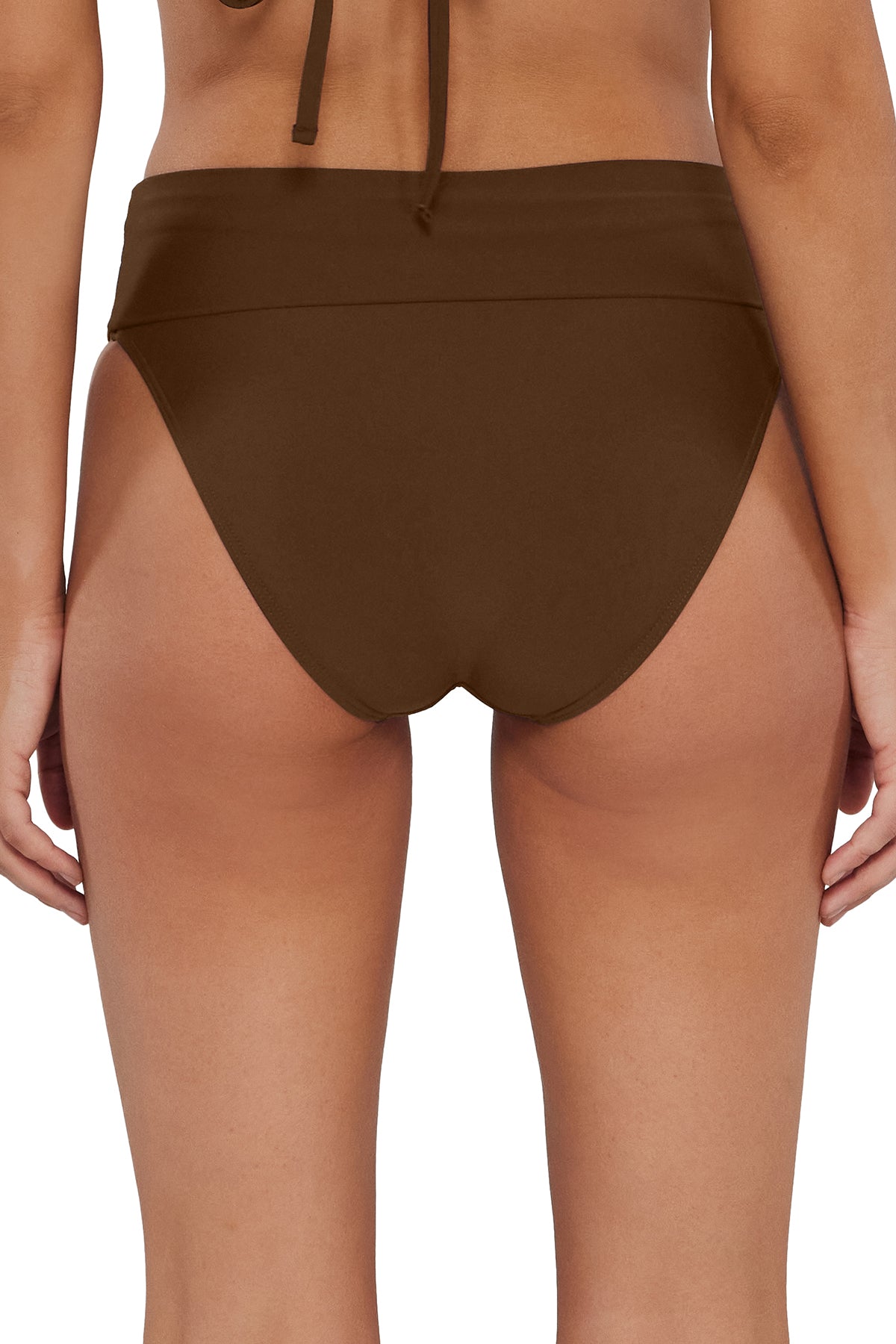 pose #1 of Jessica wearing Sunsets Tiki Brown Hannah High Waist Bottom