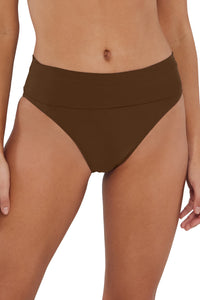 pose #1 of Jessica wearing Sunsets Tiki Brown Hannah High Waist Bottom