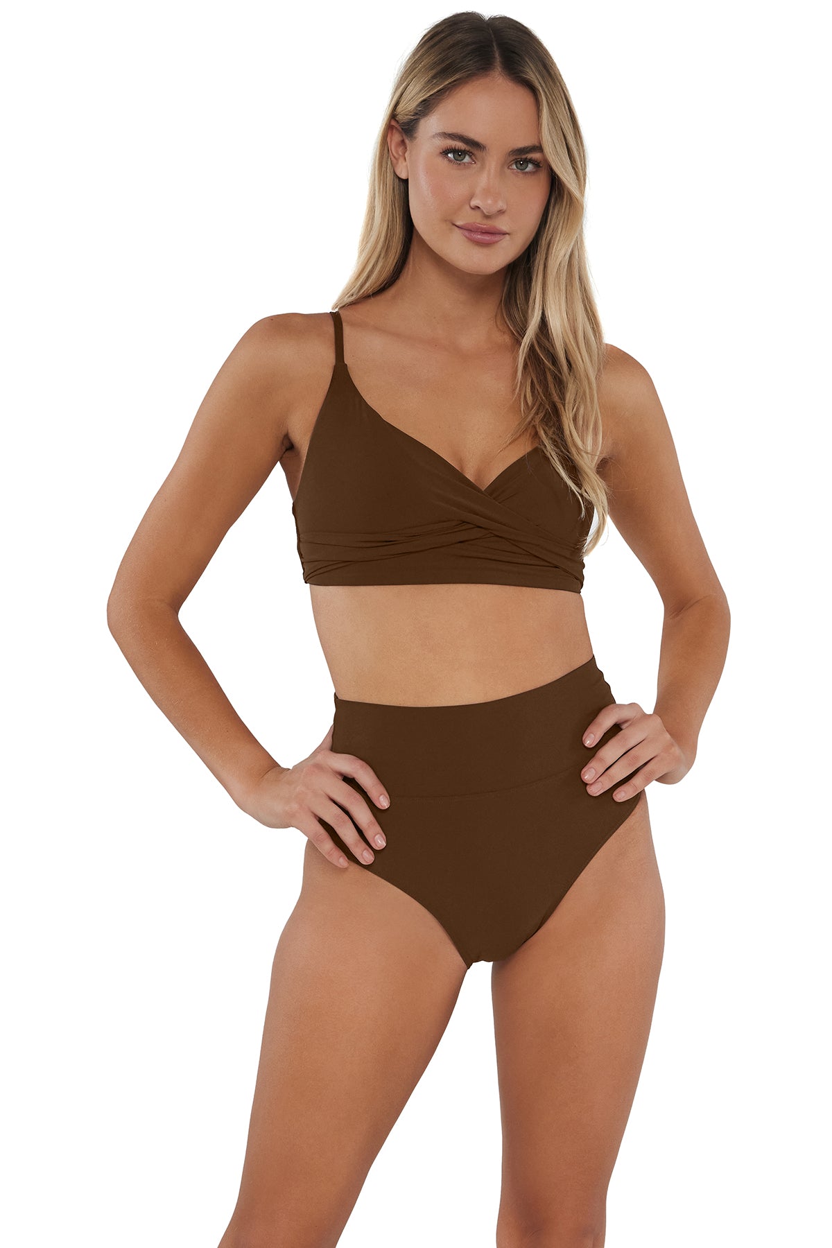 pose #1 of Jessica wearing Sunsets Tiki Brown Hannah High Waist Bottom