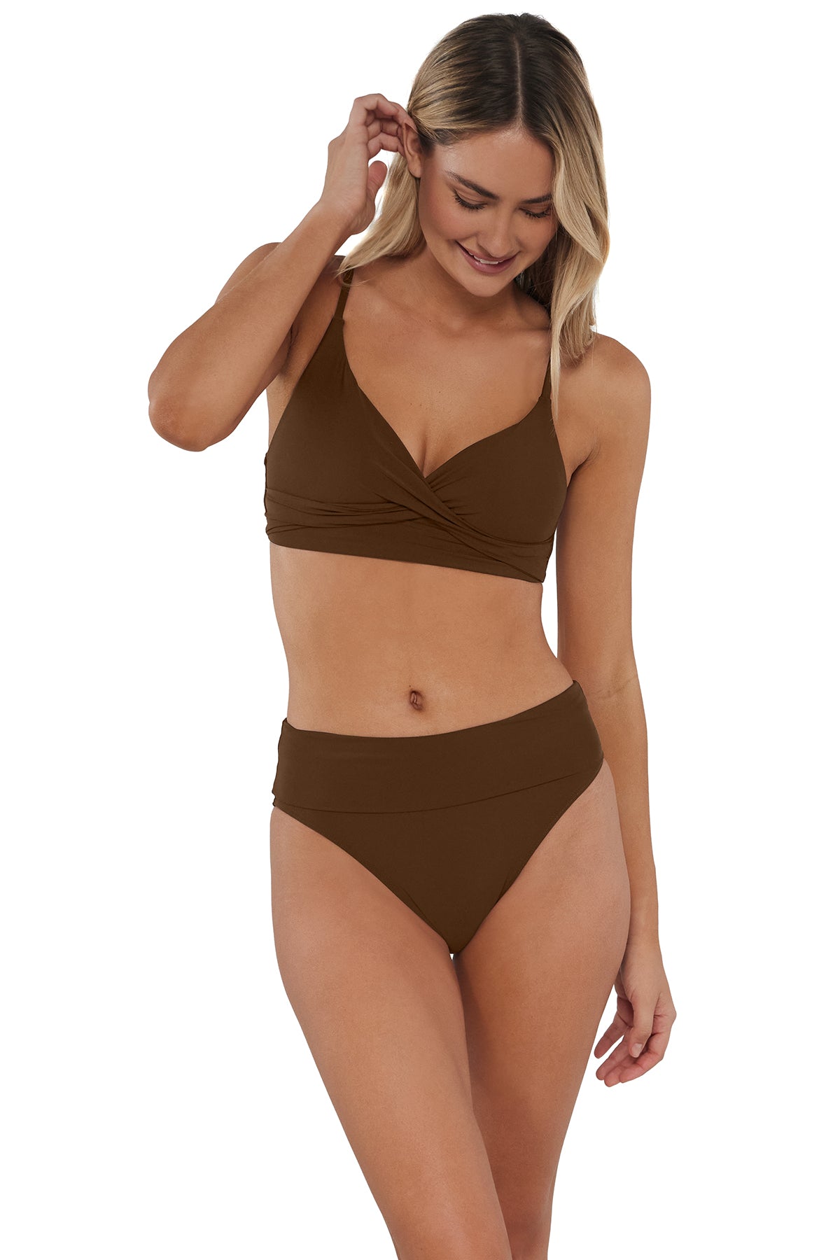 pose #2 of Jessica wearing Sunsets Tiki Brown Hannah High Waist Bottom