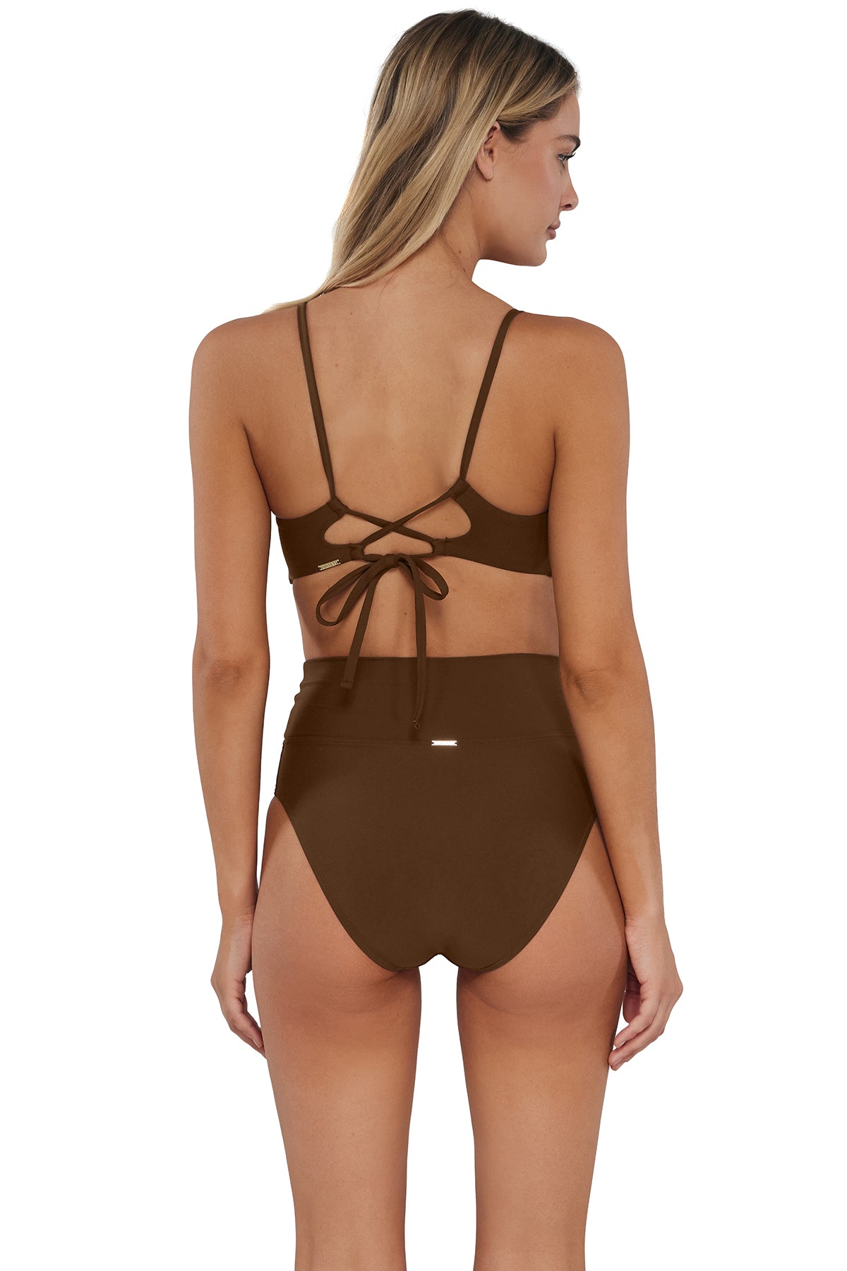 pose #1 of Jessica wearing Sunsets Tiki Brown Hannah High Waist Bottom