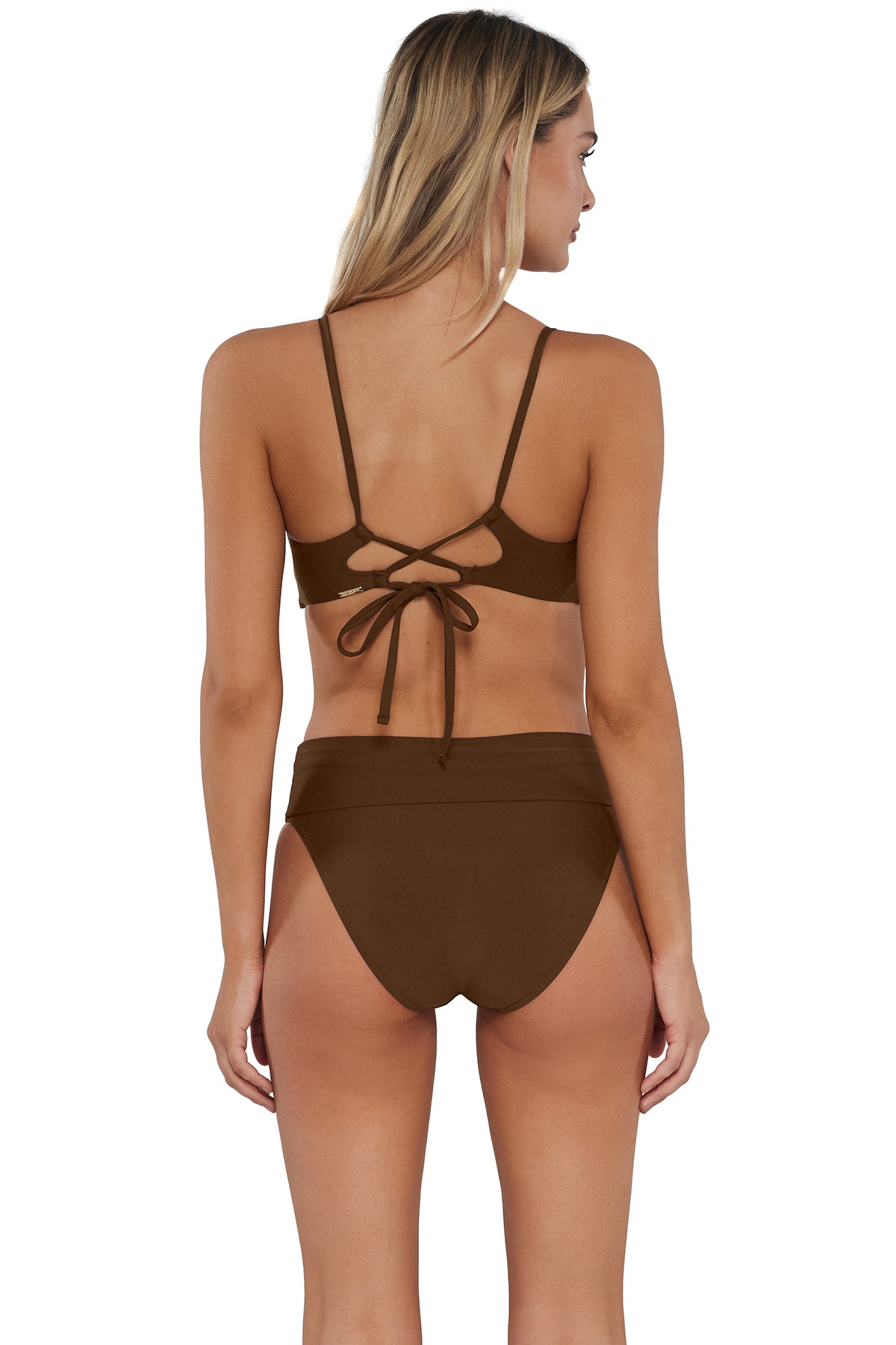 pose #1 of Jessica wearing Sunsets Tiki Brown Hannah High Waist Bottom