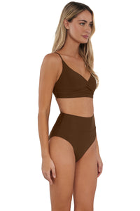 pose #1 of Jessica wearing Sunsets Tiki Brown Hannah High Waist Bottom