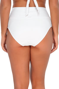 Back pose #1 of Taylor wearing Sunsets White Lily Hannah High Waist Bottom