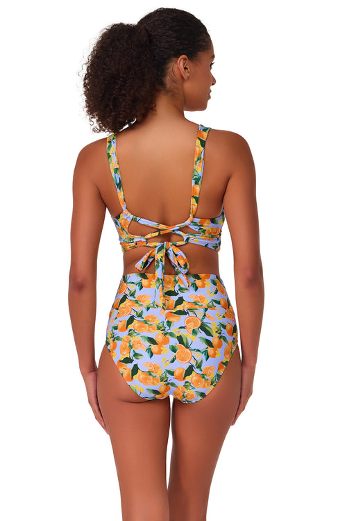 Back pose #1 of Brita wearing Sunsets Clementine Hannah High Waist Bottom