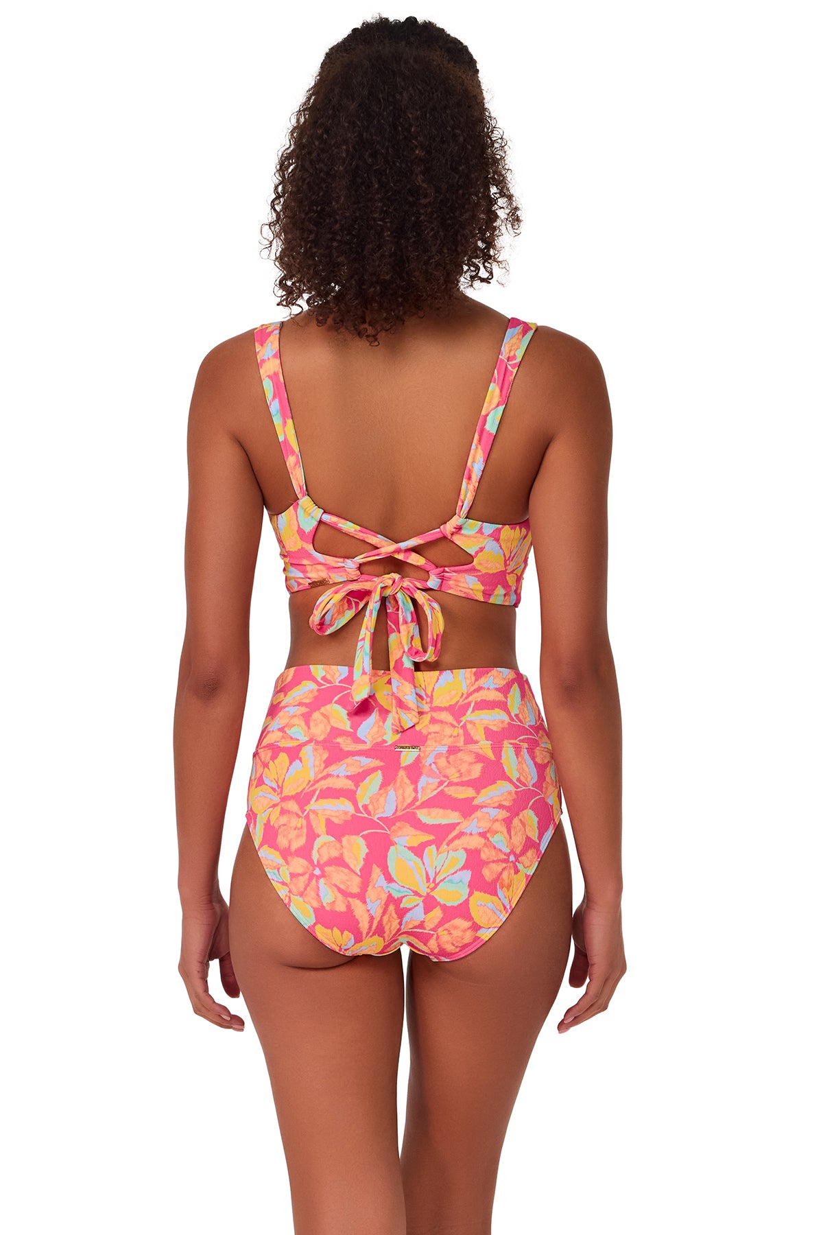 Back pose #1 of Brita wearing Sunsets Magic Hour Crepe Hannah High Waist Bottom