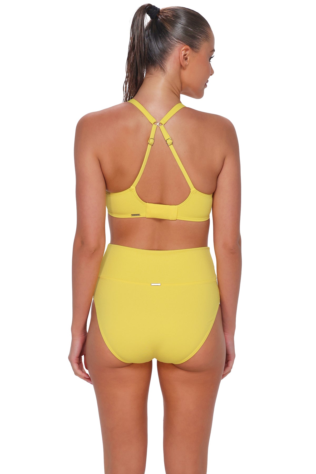 Back pose #1 of Daniella wearing Sunsets Pineapple Crepe Hannah High Waist Bottom