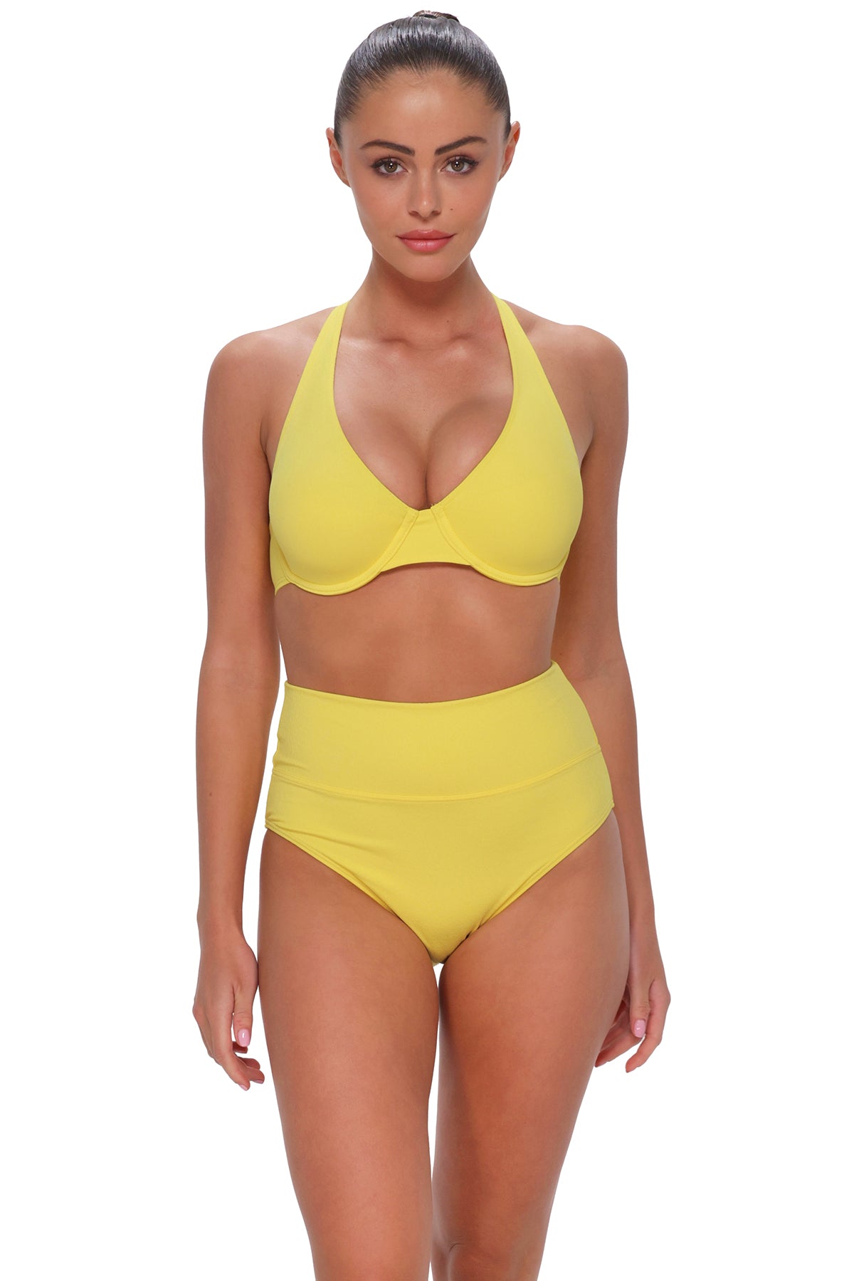 Front pose #1 of Daniella wearing Sunsets Pineapple Crepe Hannah High Waist Bottom