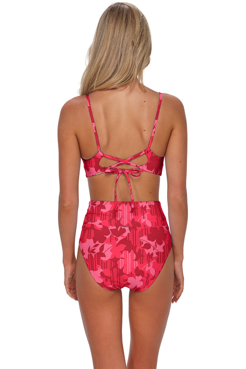 Back pose #1 of Olivia wearing Sunsets Rambling Rose Hannah High Waist Bottom