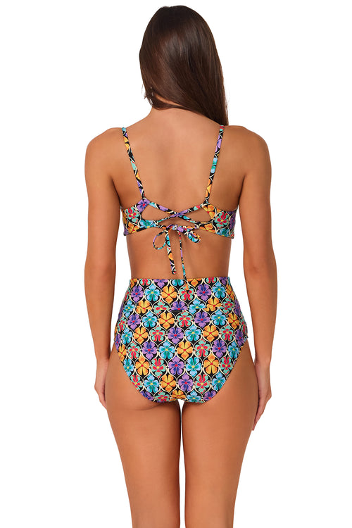 Back pose #1 of Luciana wearing Sunsets Trellis Blooms Hannah High Waist Bottom