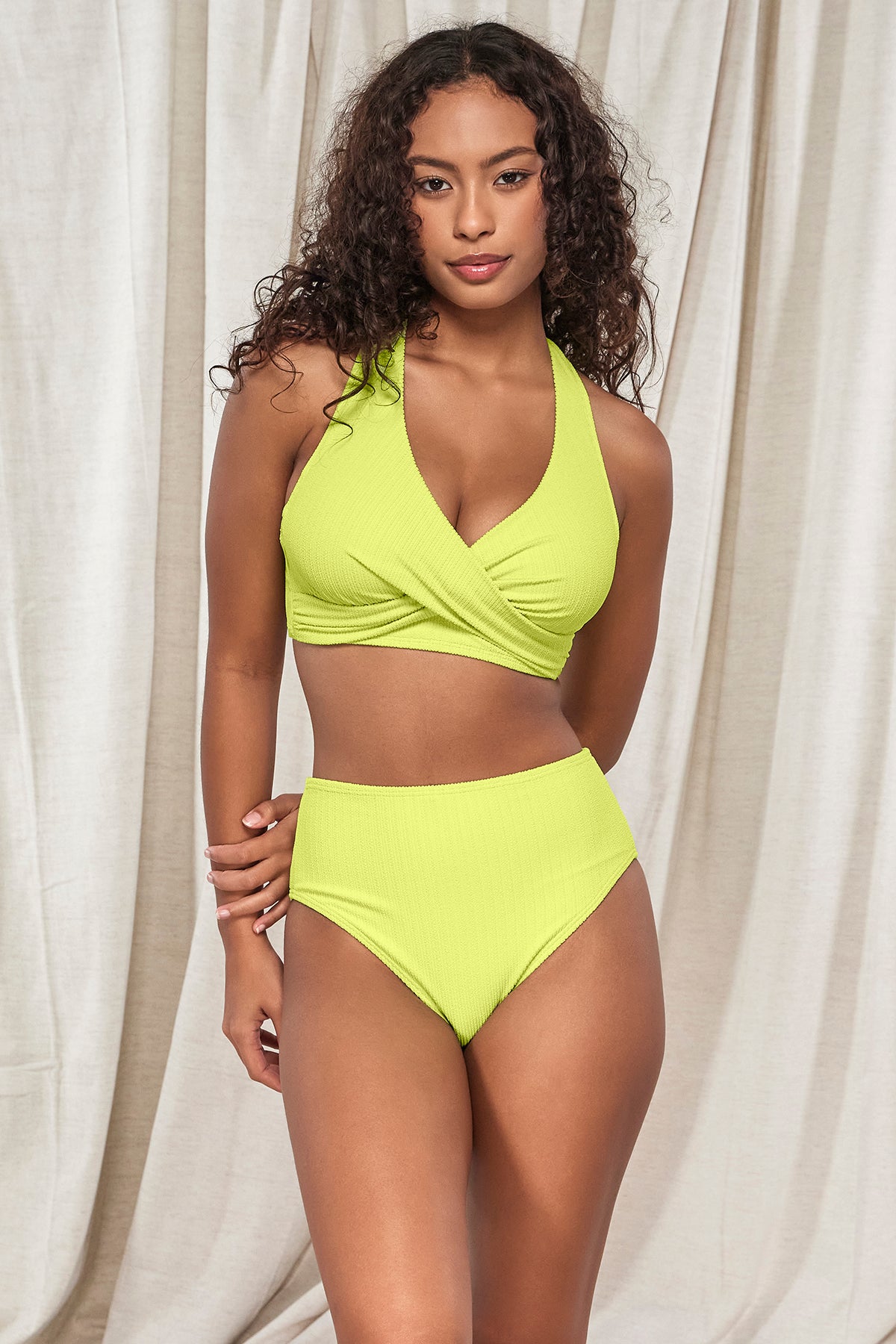 Active Front pose #1 of Jasmine wearing Pacifica Bright Pear Astrid High Waist Bottom