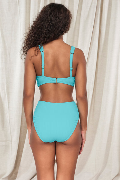 Back pose #1 of Jasmine wearing Pacifica Pool Party Astrid High Waist Bottom paired with matching Bikini Top