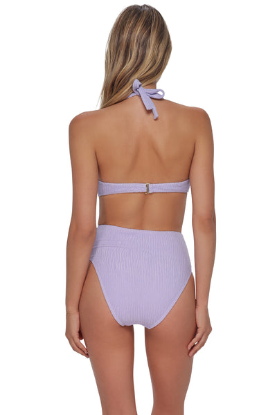 Back pose #1 of Jessica wearing Pacifica by Sunsets Lilac Scrunch Astrid High Waist Bottom