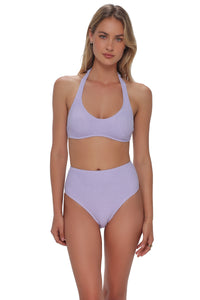 Front pose #1 of Jessica wearing Pacifica by Sunsets Lilac Scrunch Astrid High Waist Bottom
