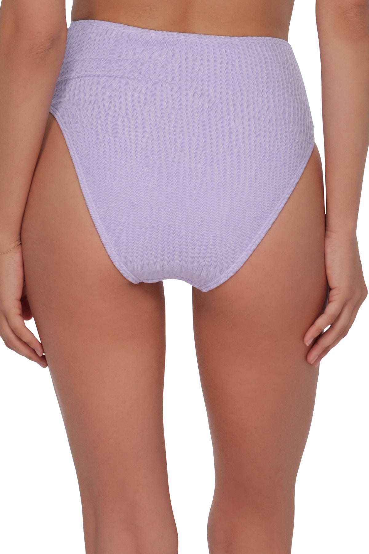 Back pose #1 of Jessica wearing Pacifica by Sunsets Lilac Scrunch Astrid High Waist Bottom
