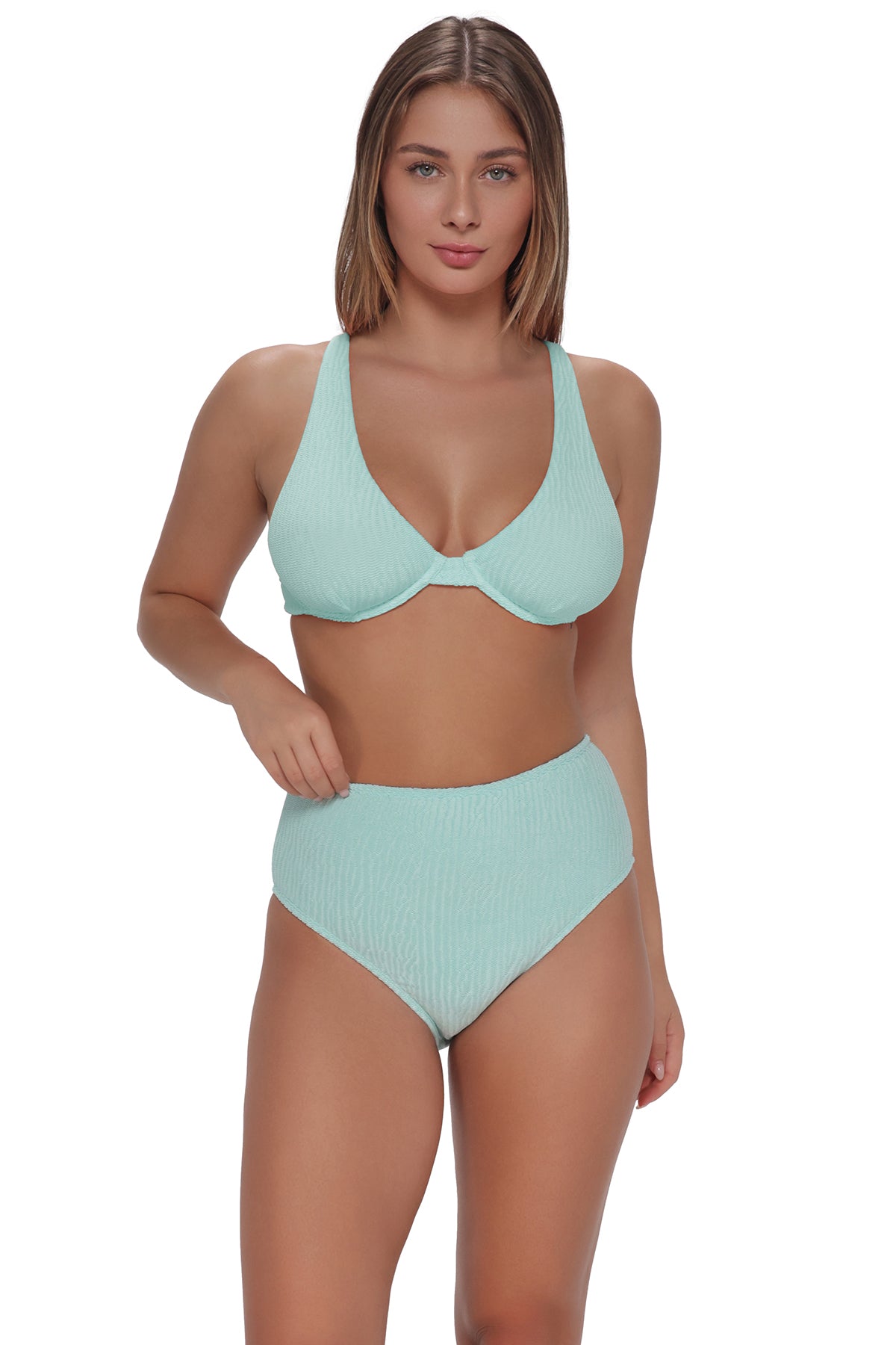 Active pose #1 of Taylor wearing Pacifica by Sunsets Mint Scrunch Astrid High Waist Bottom