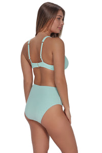Oblique pose #1 of Taylor wearing Pacifica by Sunsets Mint Scrunch Astrid High Waist Bottom