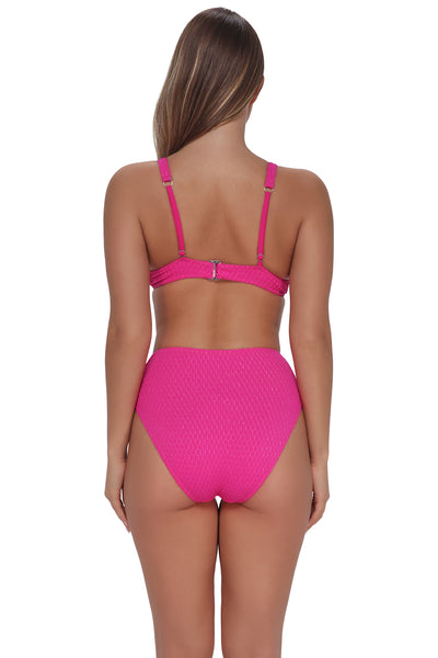 Back pose #1 of Taylor wearing Pacifica Pink Diamond Lurex Astrid High Waist Bottom paired with matching Bikini Top