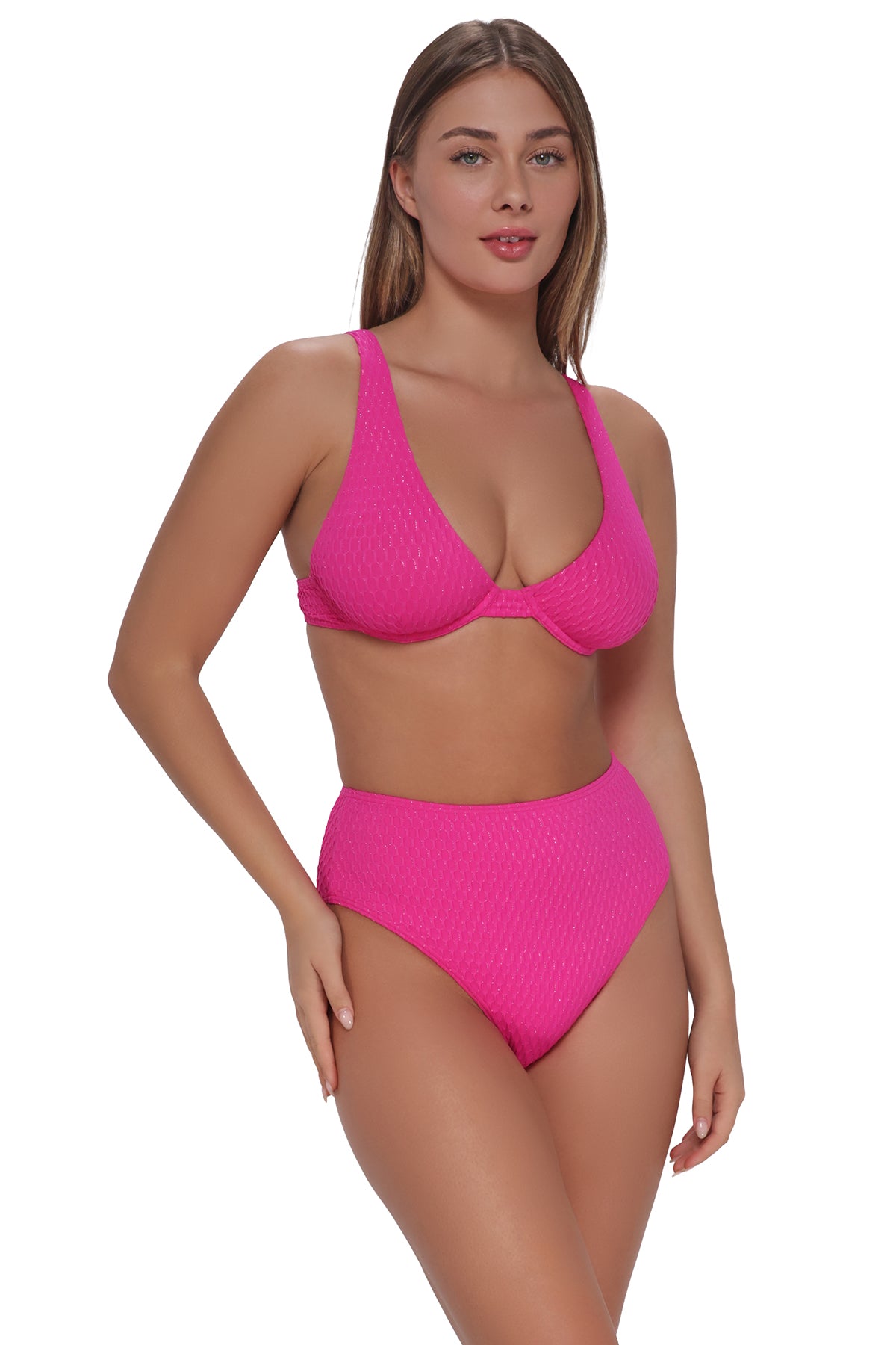 Pink Diamond Lurex Astrid High Waist: Full-Coverage Bikini Bottom