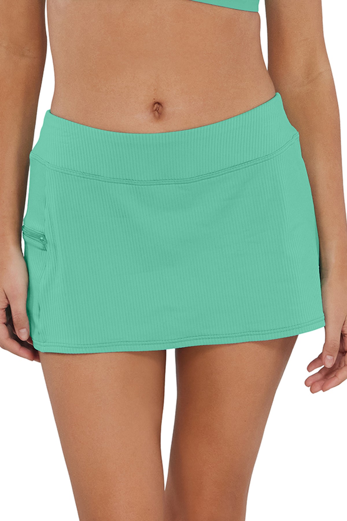 Front pose #1 of Jessica wearing Sunsets Aqua Mist Sandbar Rib Sporty Swim Skirt