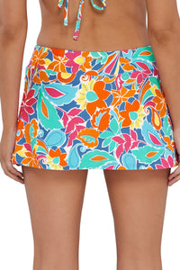 Back pose #1 of Jessica wearing Sunsets Festive Floral Sandbar Rib Sporty Swim Skirt