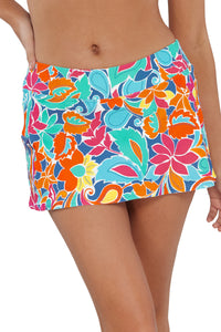 Front pose #1 of Jessica wearing Sunsets Festive Floral Sandbar Rib Sporty Swim Skirt