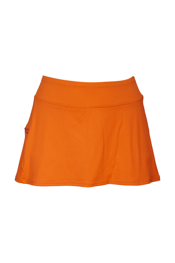 Front pose #1 of a floating garment shot featuring Sunsets Kumquat Sandbar Rib Sporty Swim Skirt Bottom