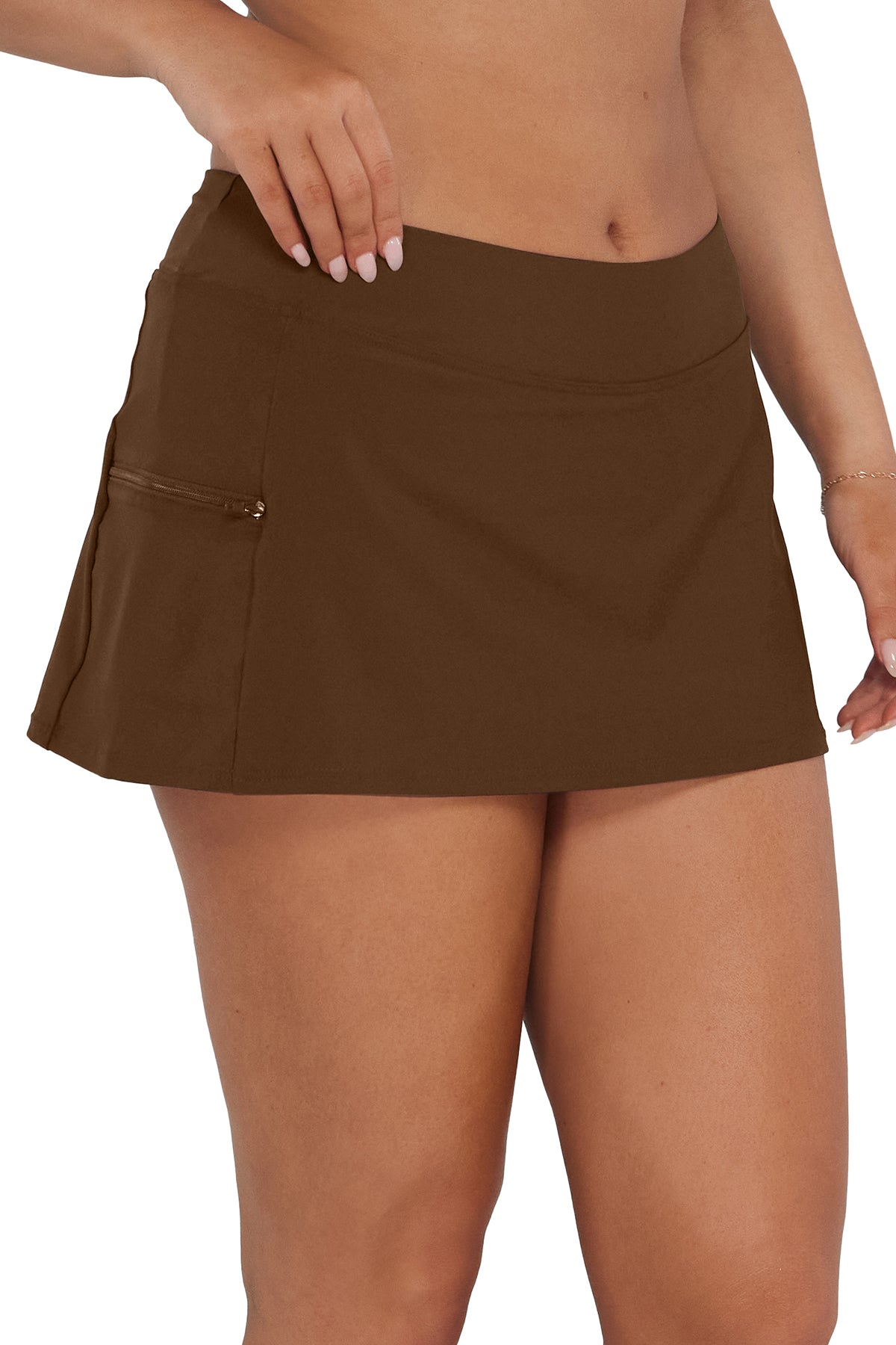 Quarter pose #1 of Taylor wearing Sunsets Tiki Brown Sporty Swim Skirt