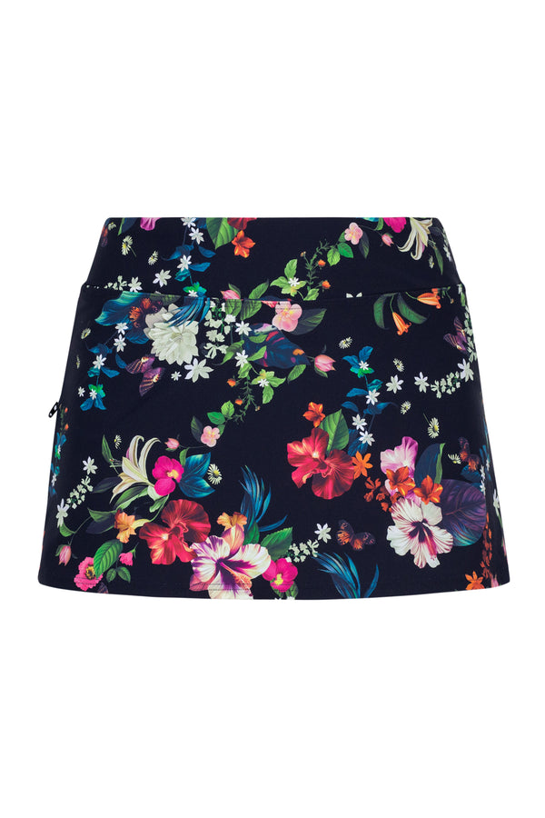 Front pose #1 of a floating garment shot featuring Sunsets Fleur Noire Sporty Swim Skirt