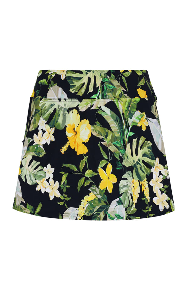 Front pose #1 of a floating garment shot featuring Sunsets Night Bloom Sporty Swim Skirt