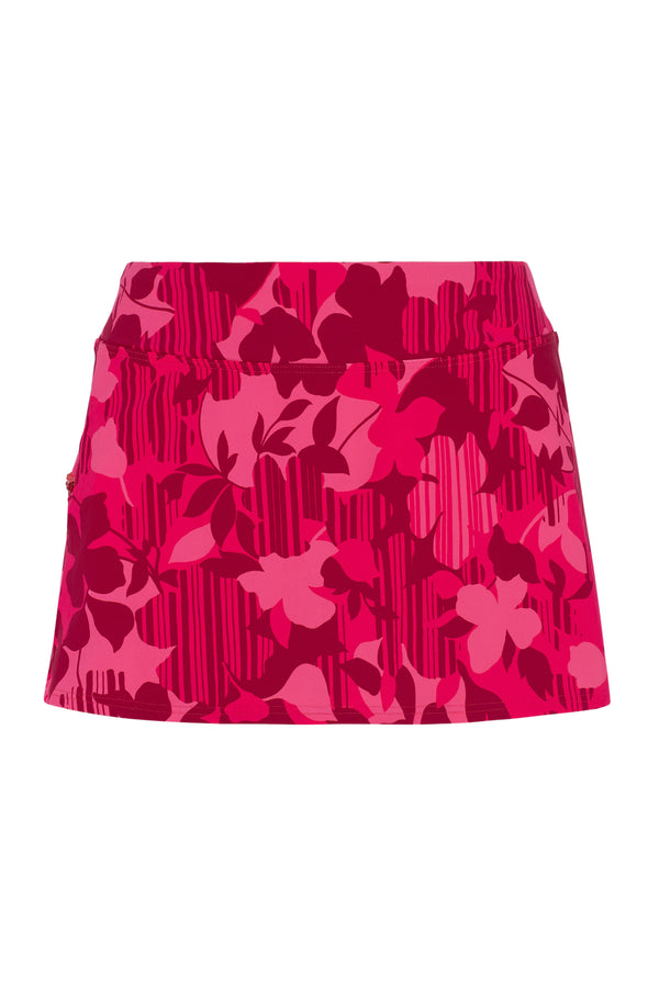 Front pose #1 of a floating garment shot featuring Sunsets Rambling Rose Sporty Swim Skirt