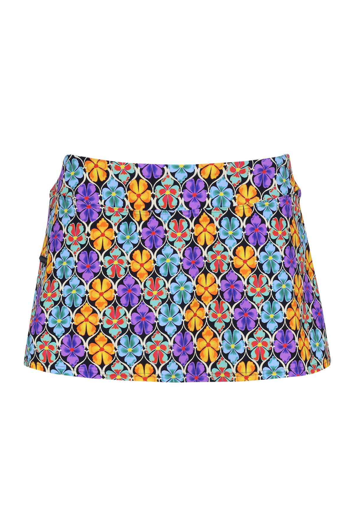 Front pose #1 of a floating garment shot featuring Sunsets Trellis Blooms Sporty Swim Skirt